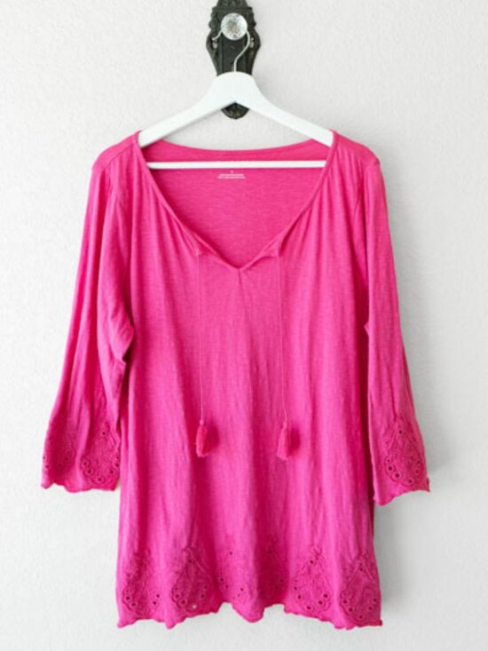 Talbots Tops - Talbots Pink Tassel Top XL Eyelet Hem Boho Cotton Tunic 3/4 Sleeve Peasant